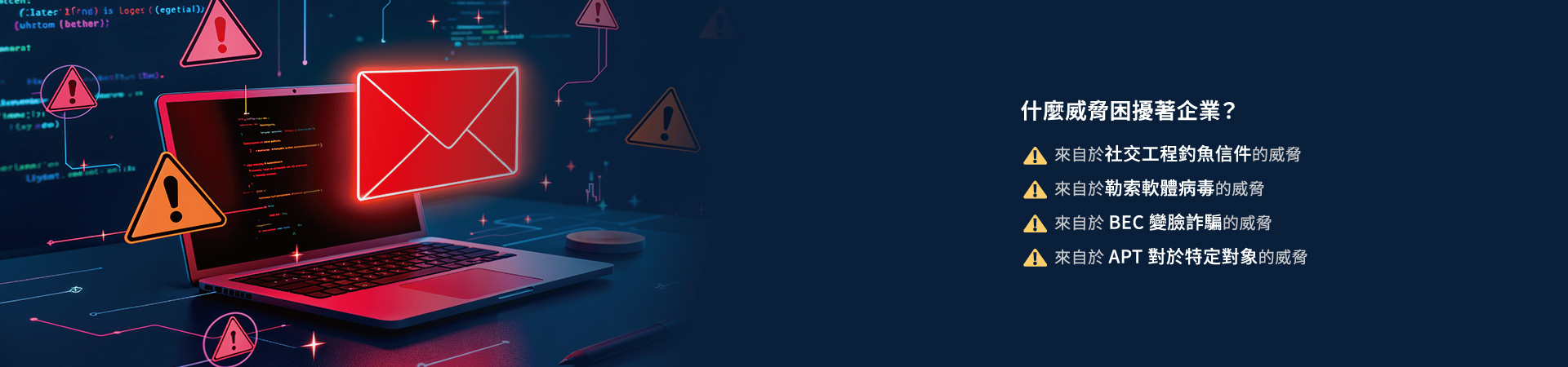 什麼威脅困擾著企業？來自於社交工程釣魚信件的威脅。來自於勒索軟體病毒的威脅。來自於 BEC 變臉詐騙的威脅。來自於 APT 對於特定對象的威脅